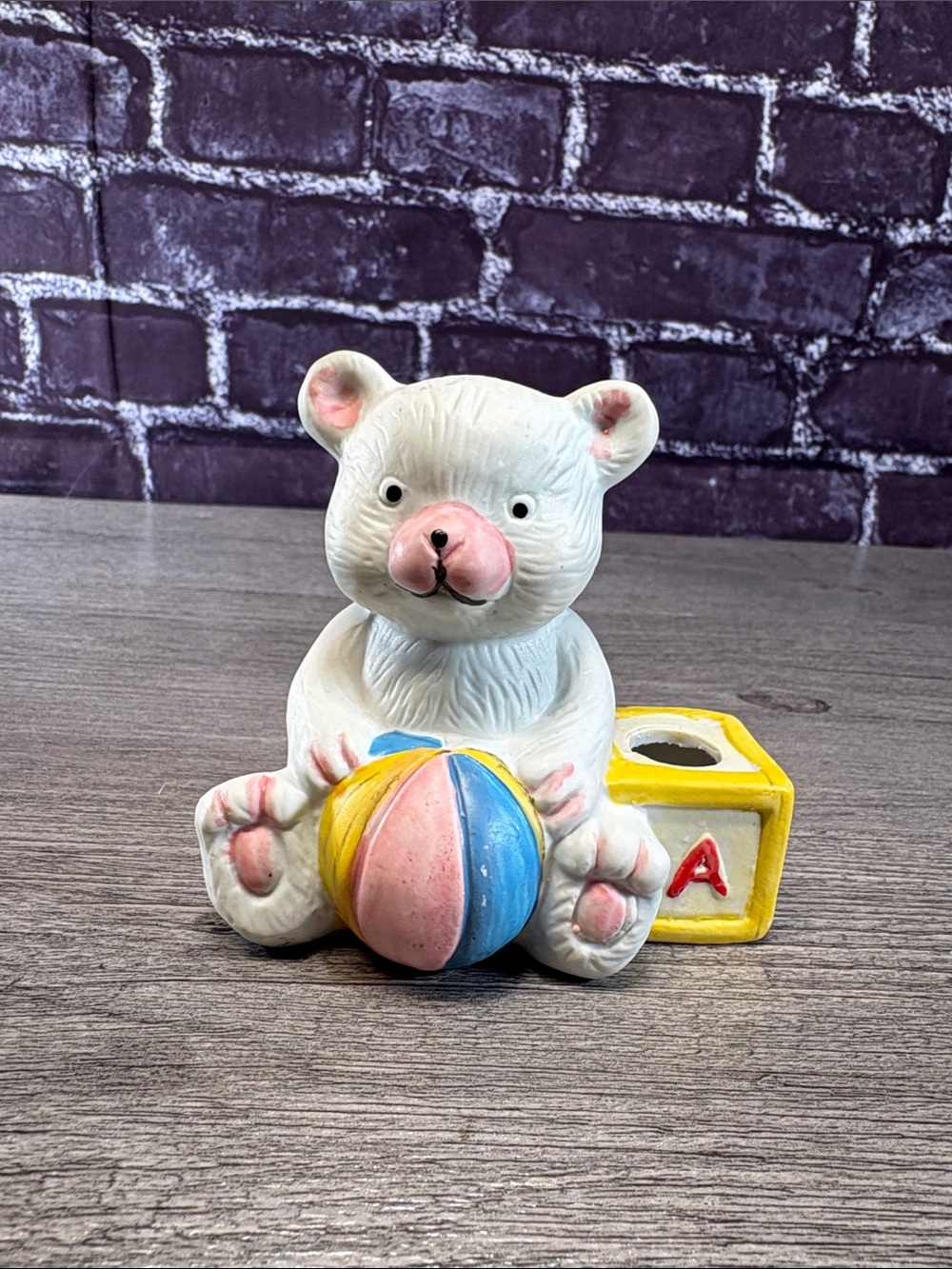 Vintage Nursery Porcelain Teddy Bear With Ball And Alphabet Block